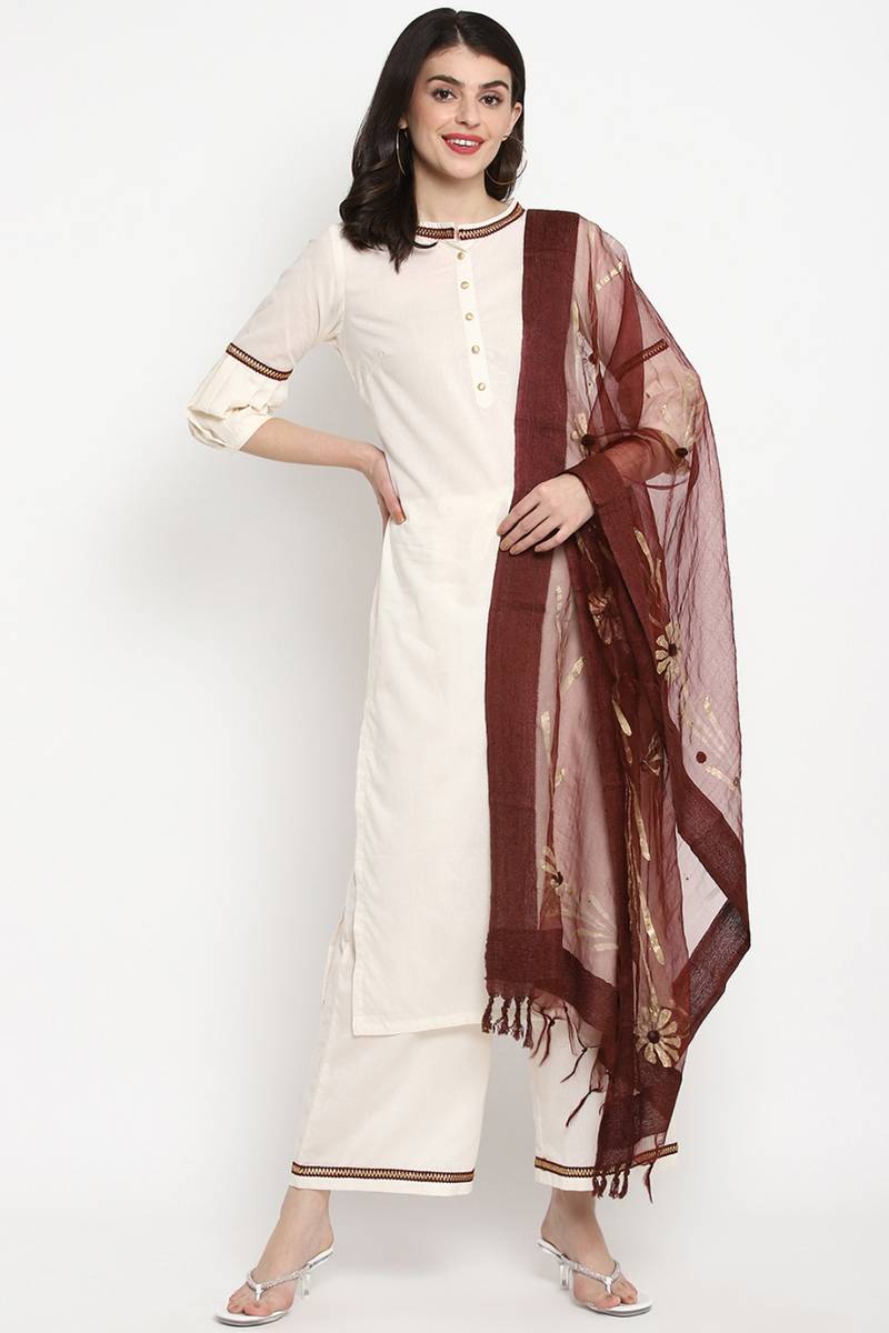 Women's Kurta Set With Palazzo And Dupatta In White Colour