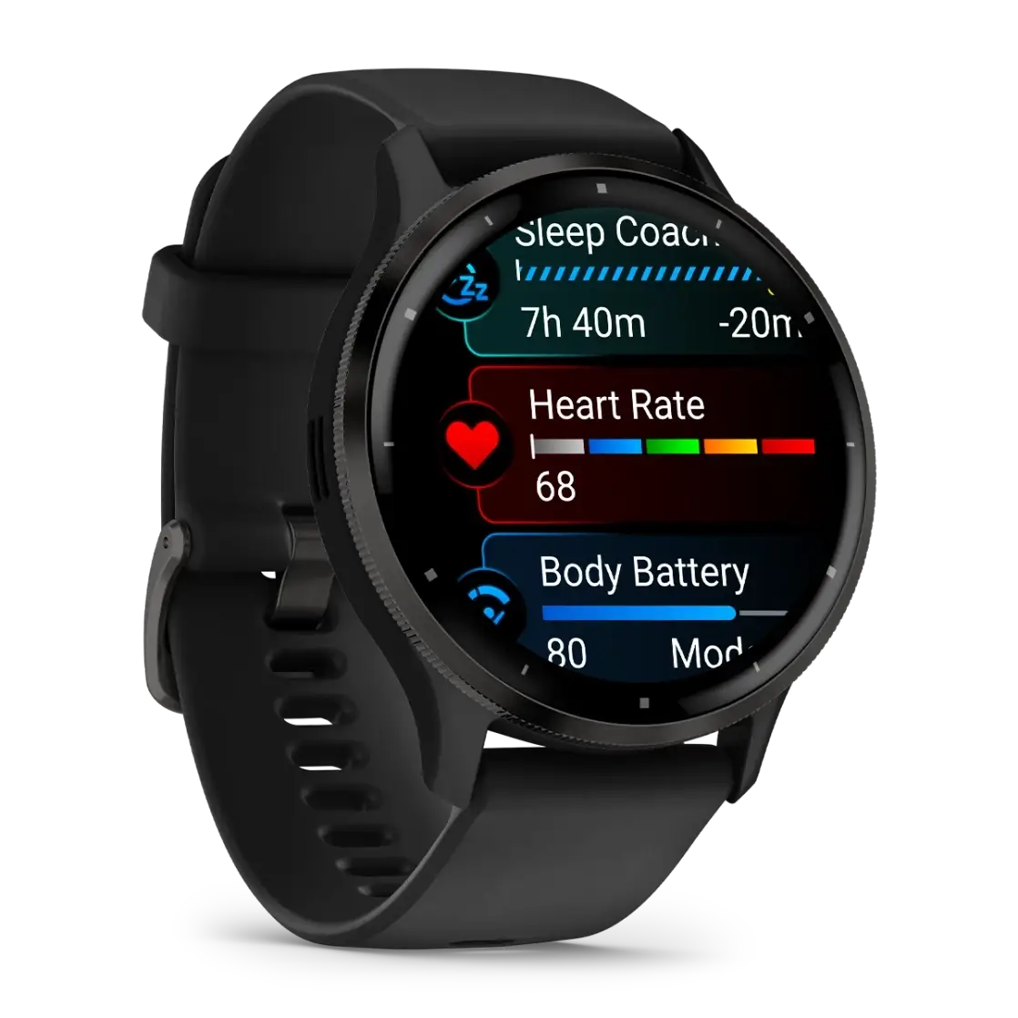 Venu® 3 Slate stainless steel bezel with black case and silicone band