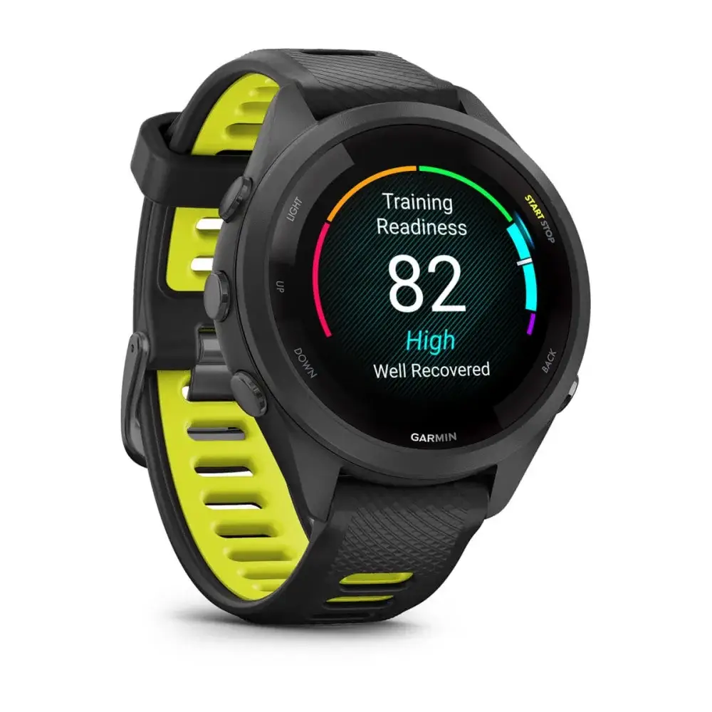 Forerunner® 265S Black Bezel and Case with Black/Amp Yellow Silicone Band