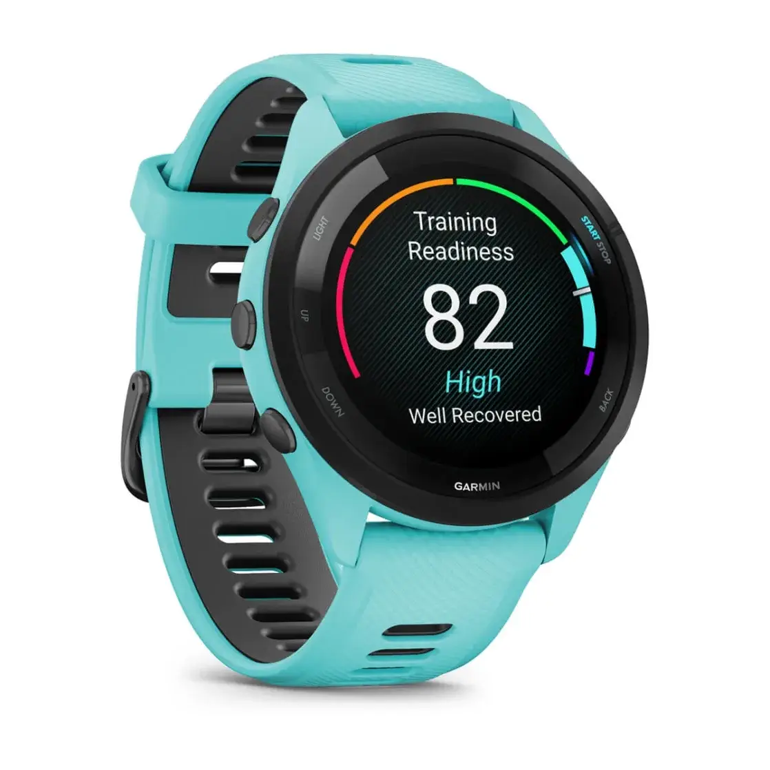 Forerunner® 265 Black Bezel with Aqua Case and Aqua/Black Silicone Band