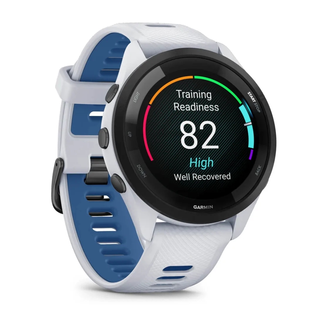 Forerunner® 265 Black Bezel with Whitestone Case and Whitestone/Tidal Blue Silicone Band