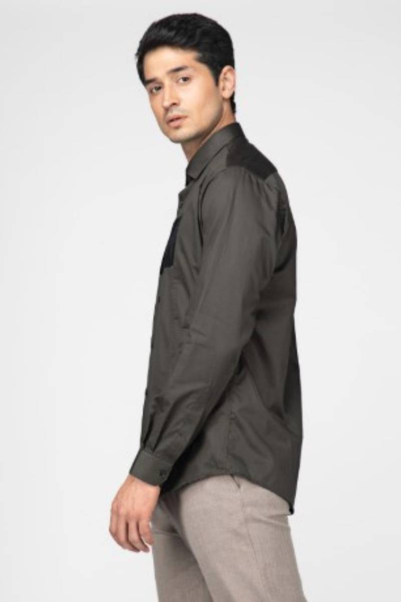 Green Hill Men's Designer Olive Rectangle Panel Shirt