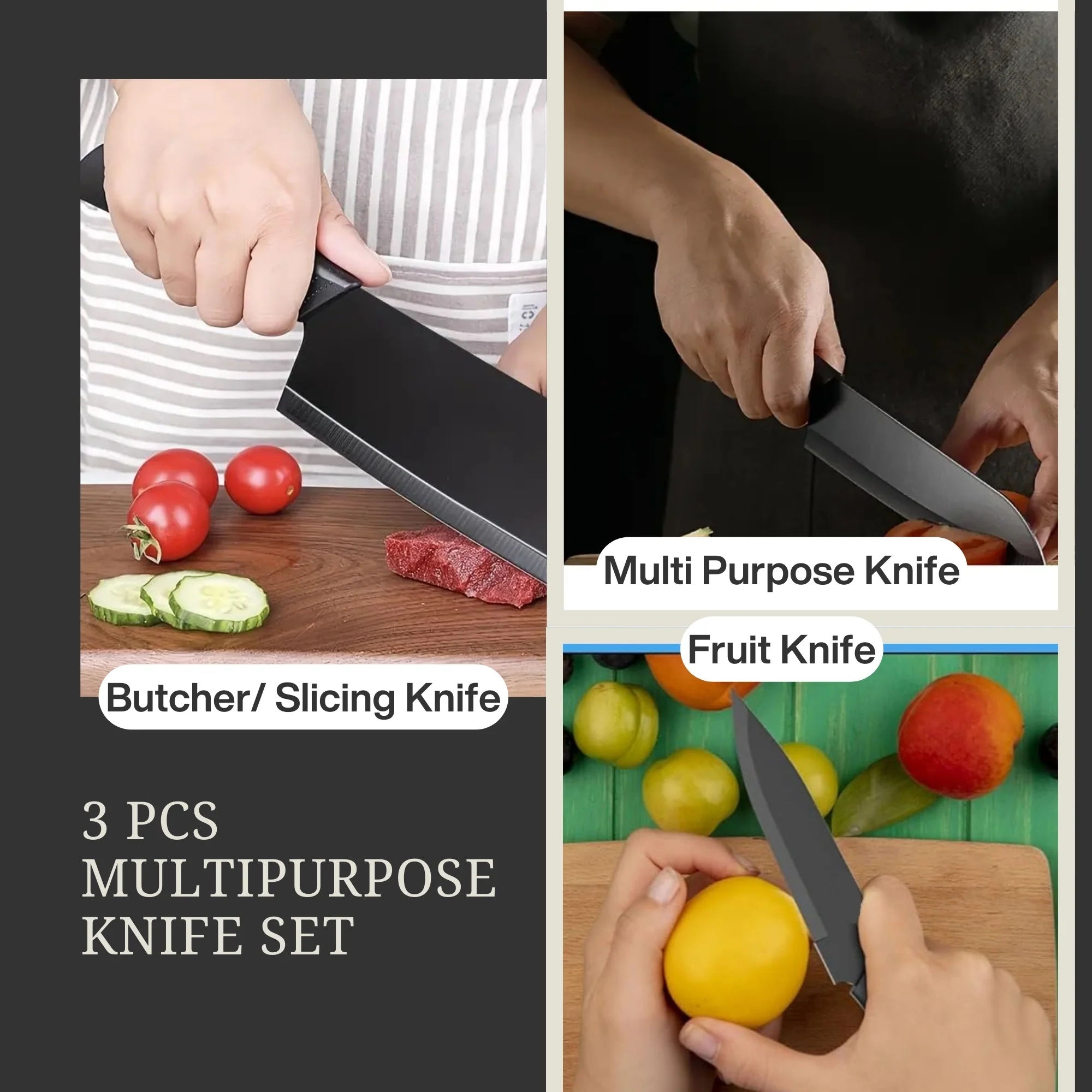 3-Piece Multipurpose Knife Set with Sheaths – Kitchen, Chef, and Fruit Knives