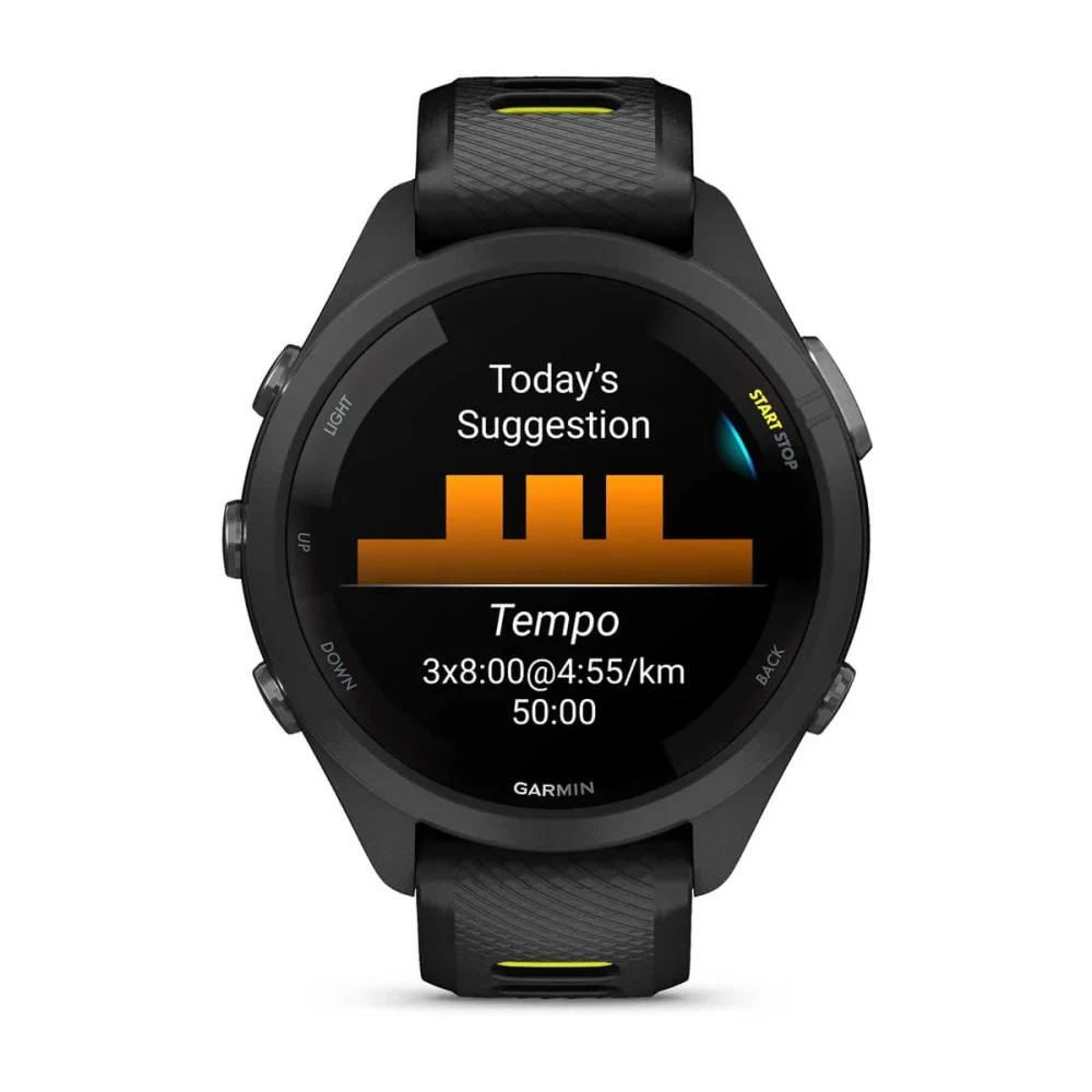 Forerunner® 265S Black Bezel and Case with Black/Amp Yellow Silicone Band