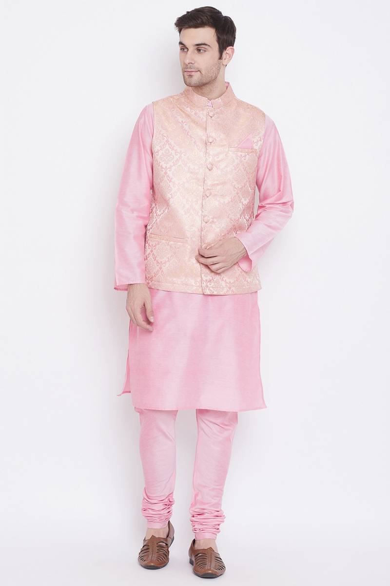 Men's Pink Colour Kurta Churidar And Jacket Set