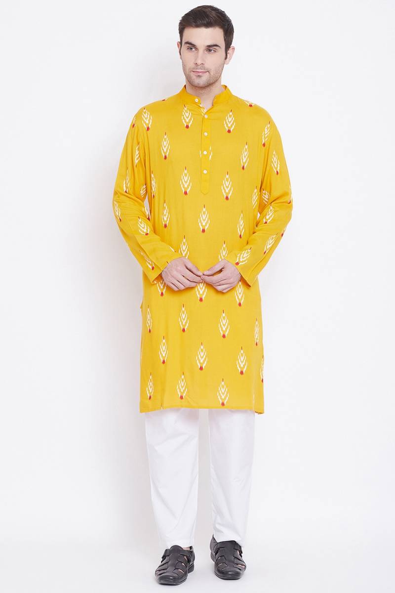 Yellow Viscose Rayon Kurta Pyjama Set For Men