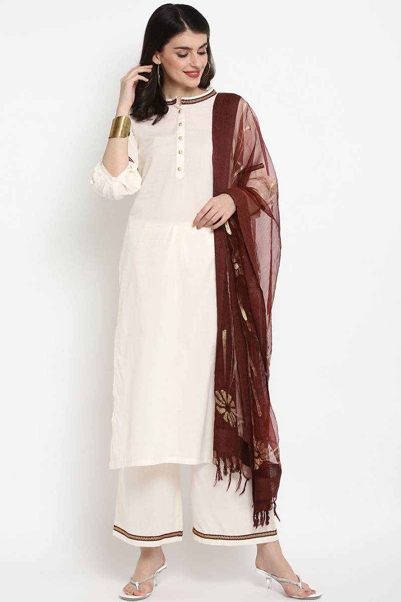 Women's Kurta Set With Palazzo And Dupatta In White Colour