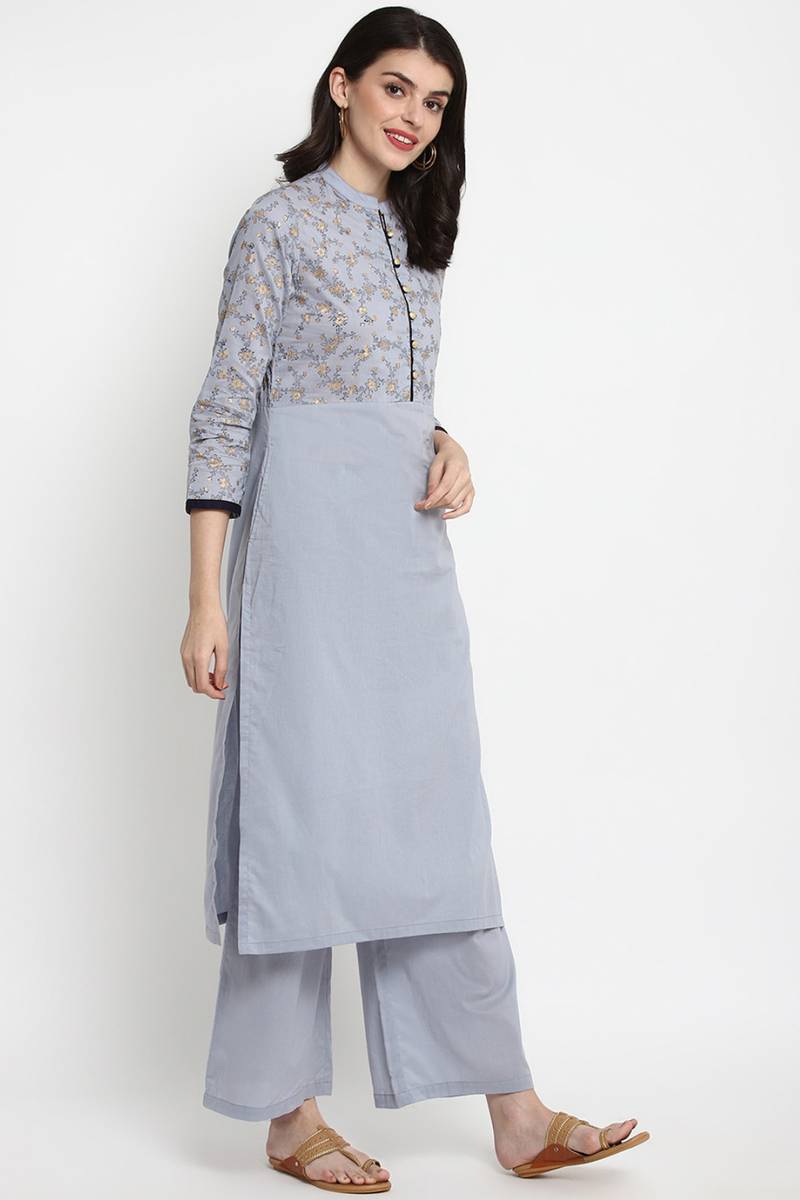 Women's Kurta Set With Palazzo And Dupatta In Grey Colour