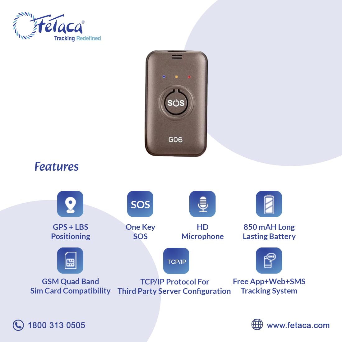 FeTaca Small G06 GPS Tracker for Kids with Multiple Features | Assets, Kids, Pets, Cars & Bikes Tracking with Route History | Voice Calling | SOS Alarm | 1 Month Subscription