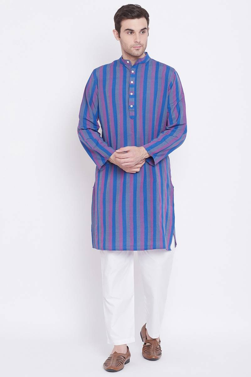 Men's Blue Colour Cotton Kurta and Pyjama Set