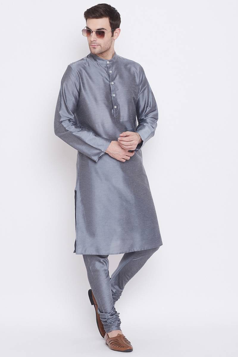 Men's Dark Grey Colour Slik Kurta Set