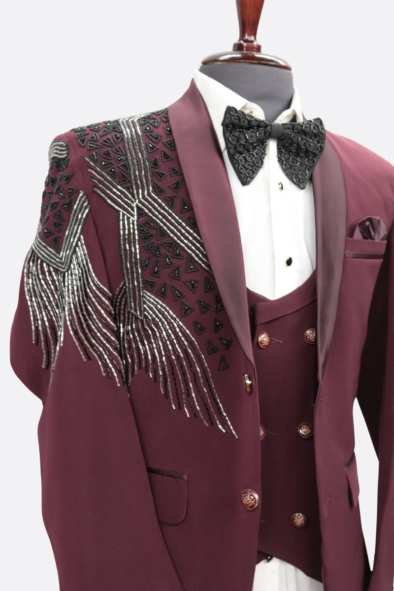 Men's Hand Embroidery Party Wear Suit & Formal Pant In Burgundy  Color