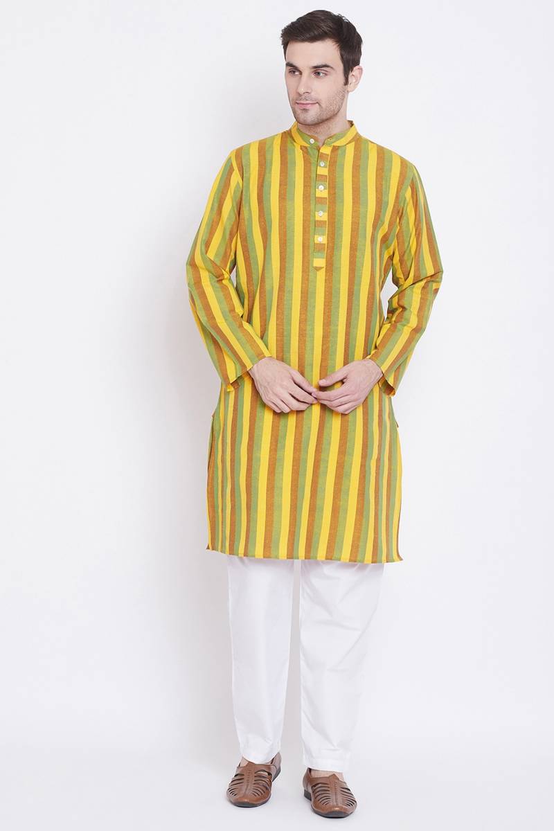 Men's Yellow Colour Cotton Kurta and Pyjama Set