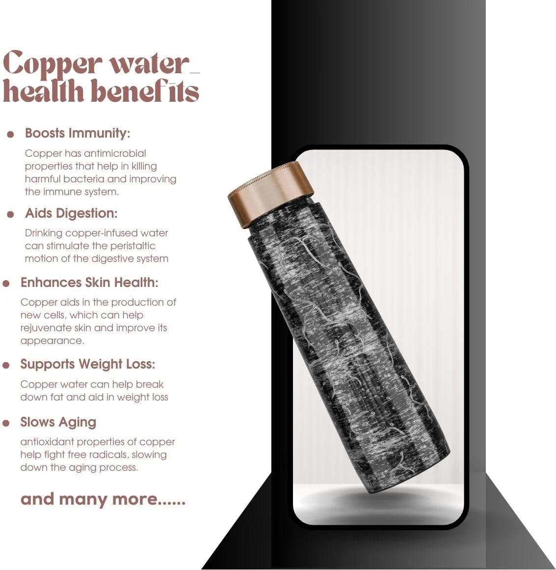 Pure Copper Elegant 1000 ml Premium Coated Water Bottles (Silver Black Abstract, 1000 Ml)