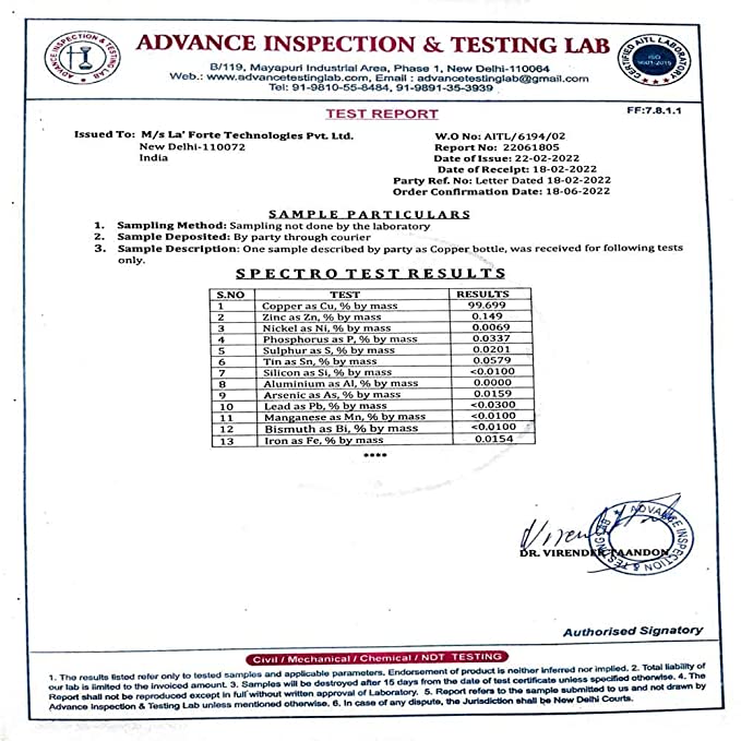 LA'FORTE Copper Water Bottle, Pure, 1000 ml (Apricot)