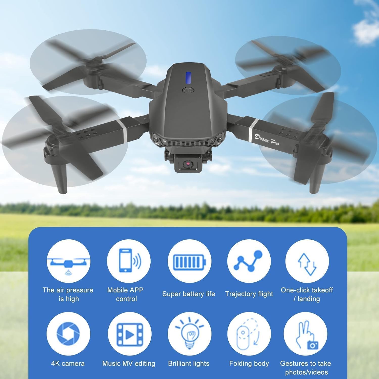 E88 Pro Drone with 1080P Camera 2 Batteries One Key Take Off Land Altitude Hold Automatic Avoidance Obstacles 360° Flip With Aerial Photography Drone Multicolor (Double-Battery)