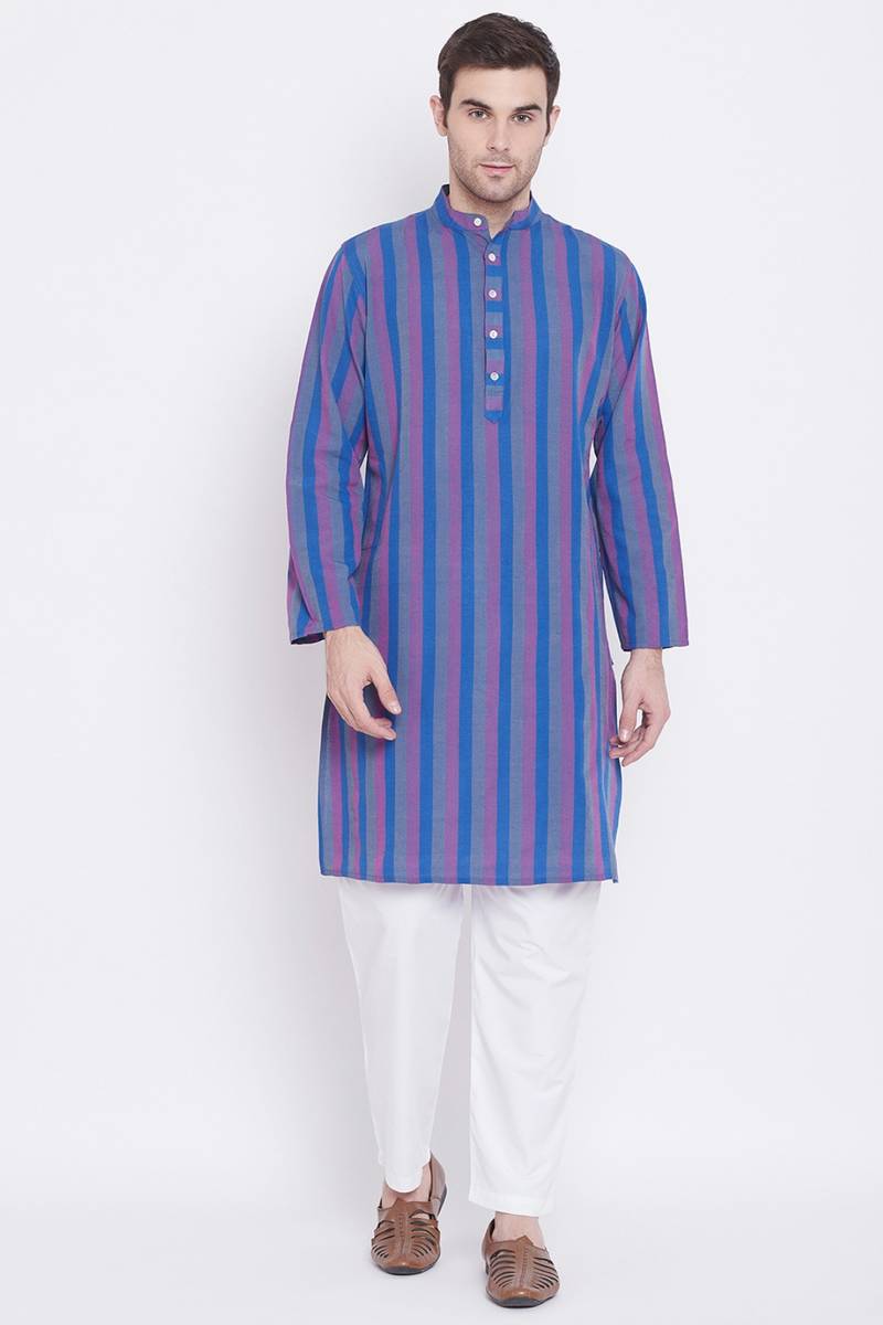 Men's Blue Colour Cotton Kurta and Pyjama Set