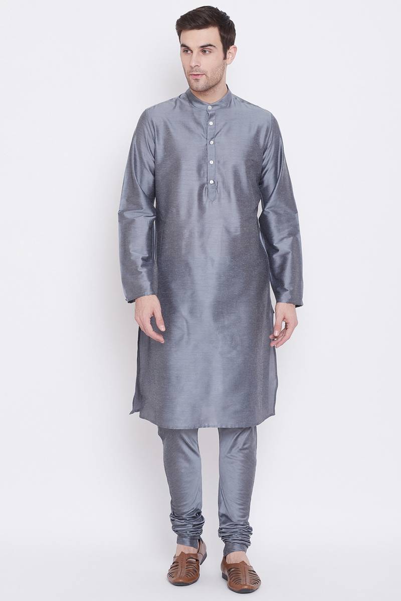 Men's Dark Grey Colour Slik Kurta Set