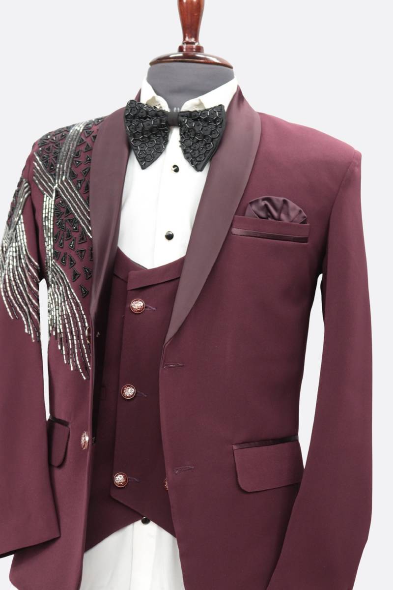 Men's Hand Embroidery Party Wear Suit & Formal Pant In Burgundy  Color