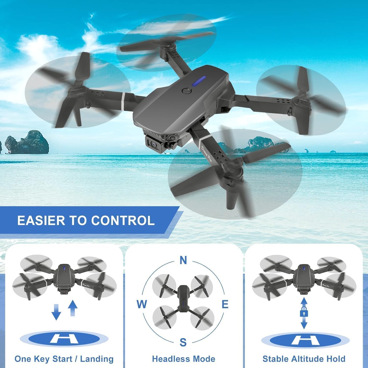 E88 Pro Drone with 1080P Camera 2 Batteries One Key Take Off Land Altitude Hold Automatic Avoidance Obstacles 360° Flip With Aerial Photography Drone Multicolor (Double-Battery)