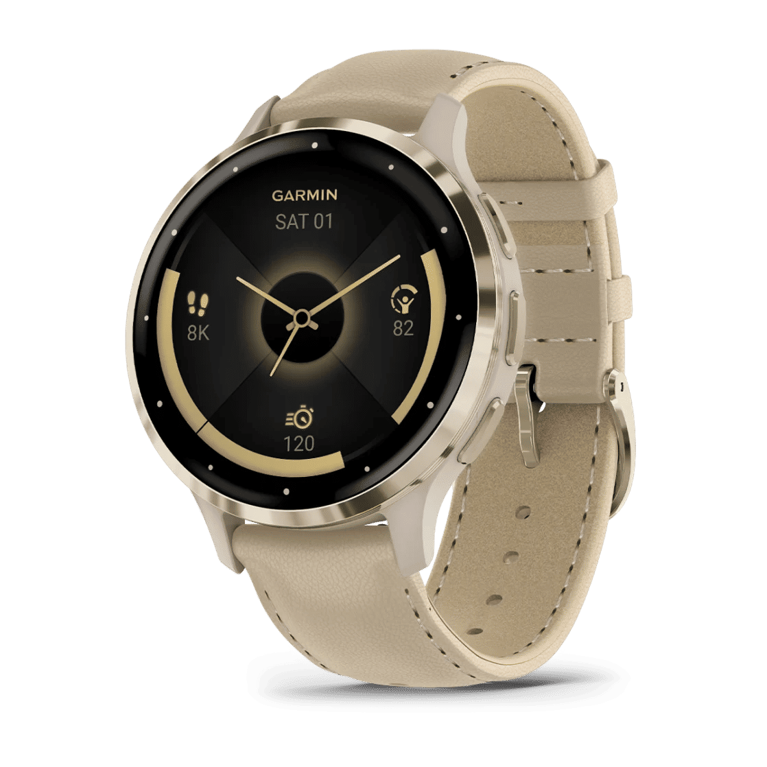 Venu® 3S Soft gold stainless steel bezel with French grey case and leather band