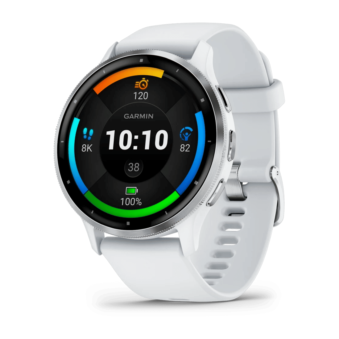 Venu® 3 Silver stainless steel bezel with whitestone case and silicone band