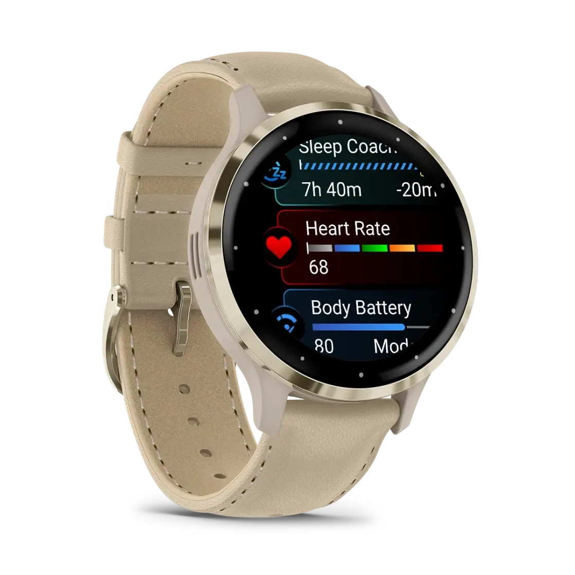 Venu® 3S Soft gold stainless steel bezel with French grey case and leather band