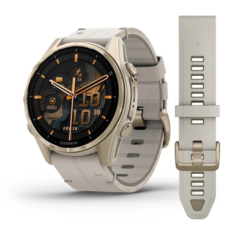 fenix® 8 – 43 mm, AMOLED Sapphire, Soft Gold with Limestone Leather Band