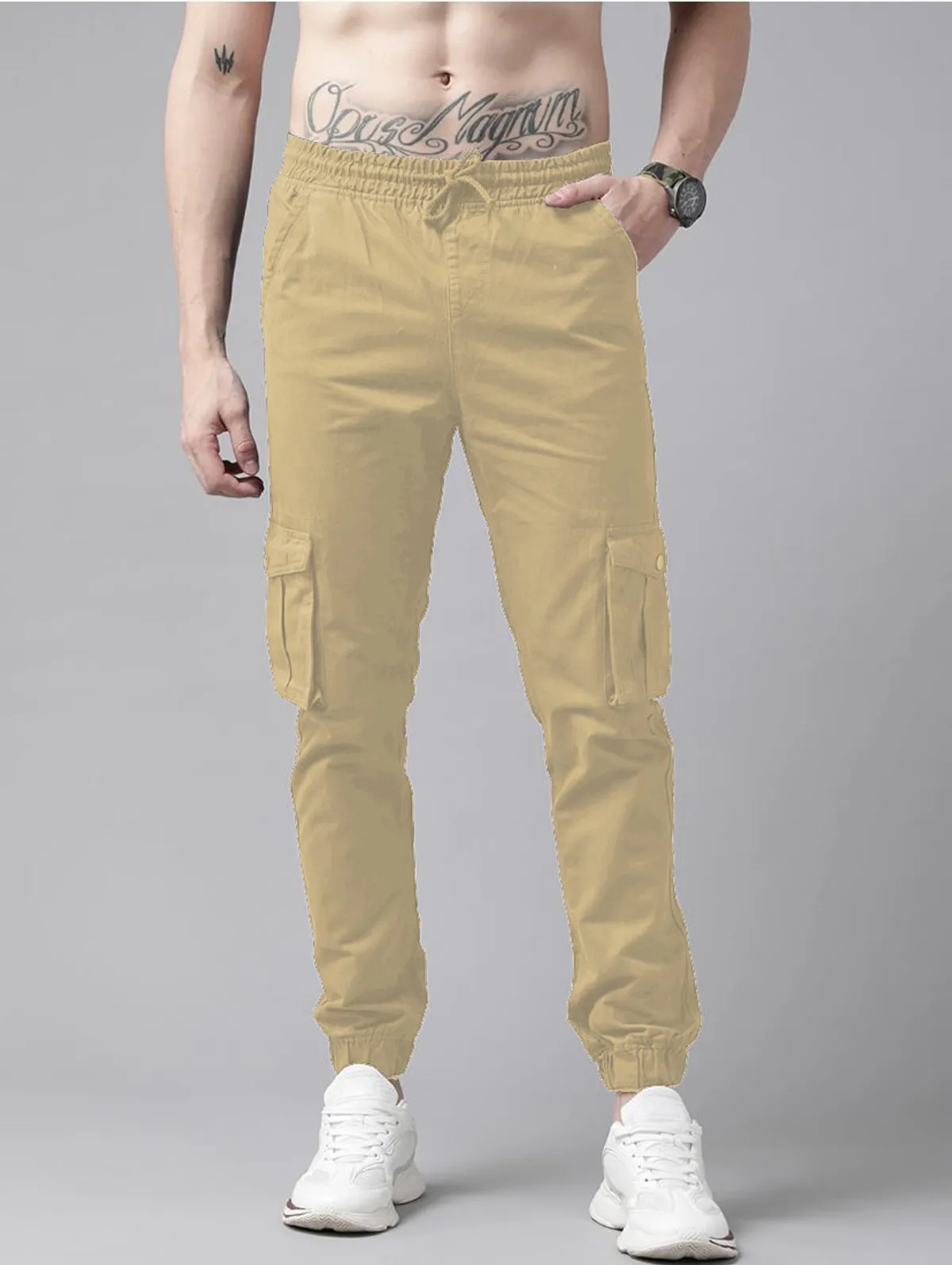 Beige Cotton Blend Slim Fit Men’s Cargo Joggers