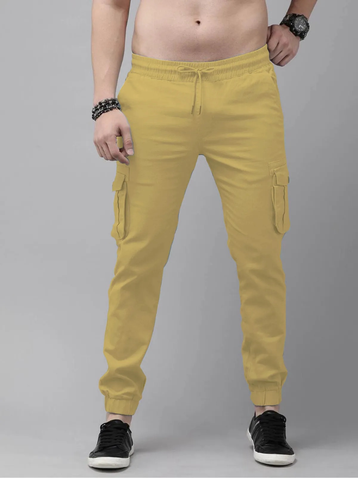 Cream Cotton Blend Slim Fit Men’s Cargo Joggers