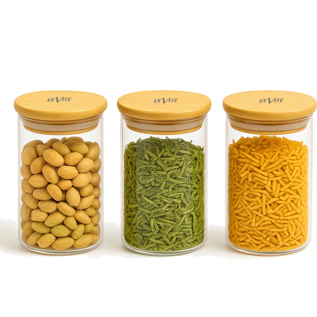 LA' VITE 3-Piece Multipurpose Borosilicate Glass Jar Set with Bamboo Lid | 320ml Airtight Storage Containers for Kitchen, Pantry & Beverage Use