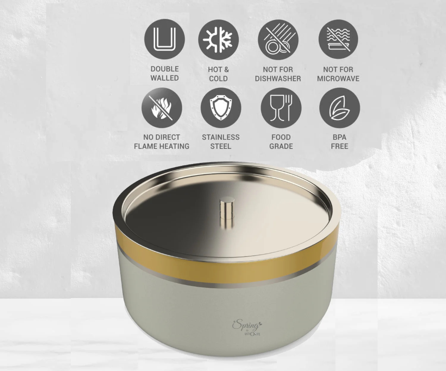 Double Wall Stainless Steel Casserole with Lid | 1200ml Capacity (1700ml Without Lid) | Food-Grade Steel | Multipurpose Serving Bowl | Black & Beige