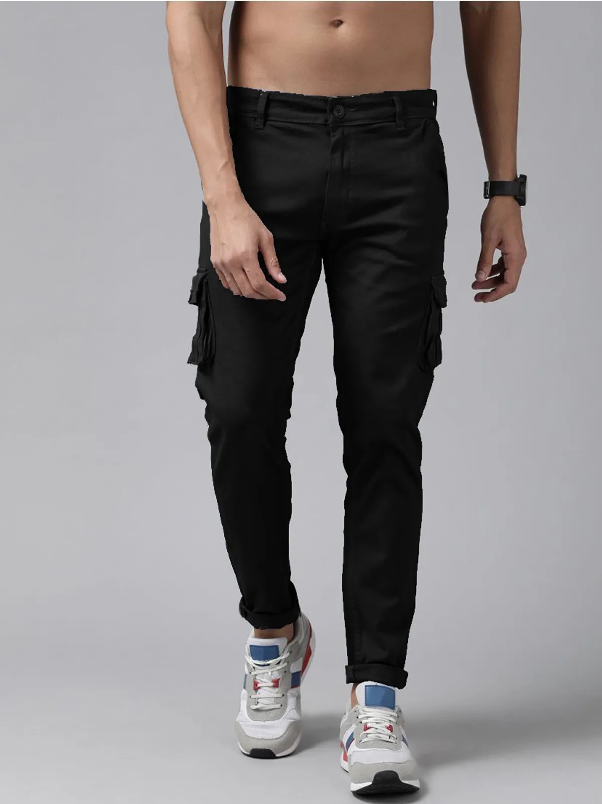 Black Cotton Blend Solid Mens Cargo