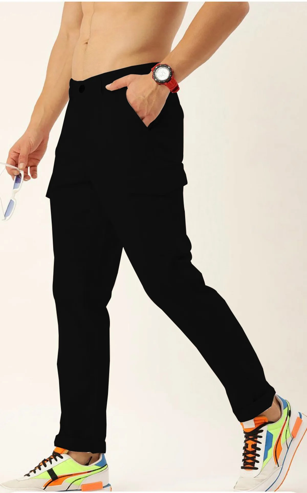 Black Cotton Blend Solid Mens Cargo