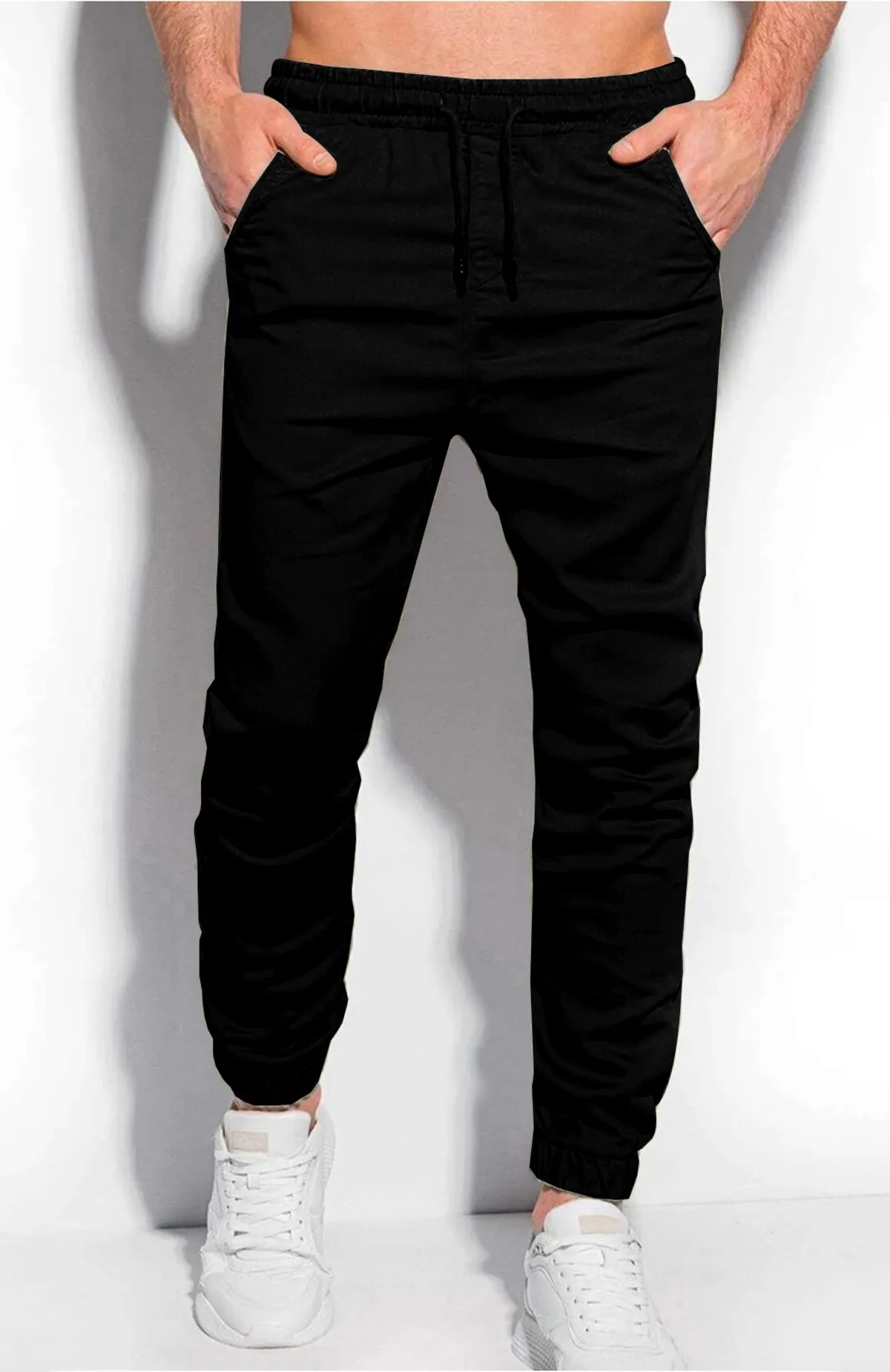 Black Cotton Blend Solid Mens Slim Fit Joggers