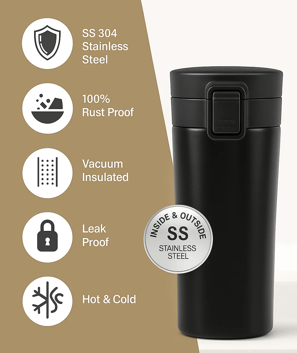 400ml Stainless Steel Vacuum Insulated Tumbler | Leak-Proof Lid | Hot for 4 Hrs & Cold for 5 Hrs | SS304 | Office, Travel, Gym, Home Use
