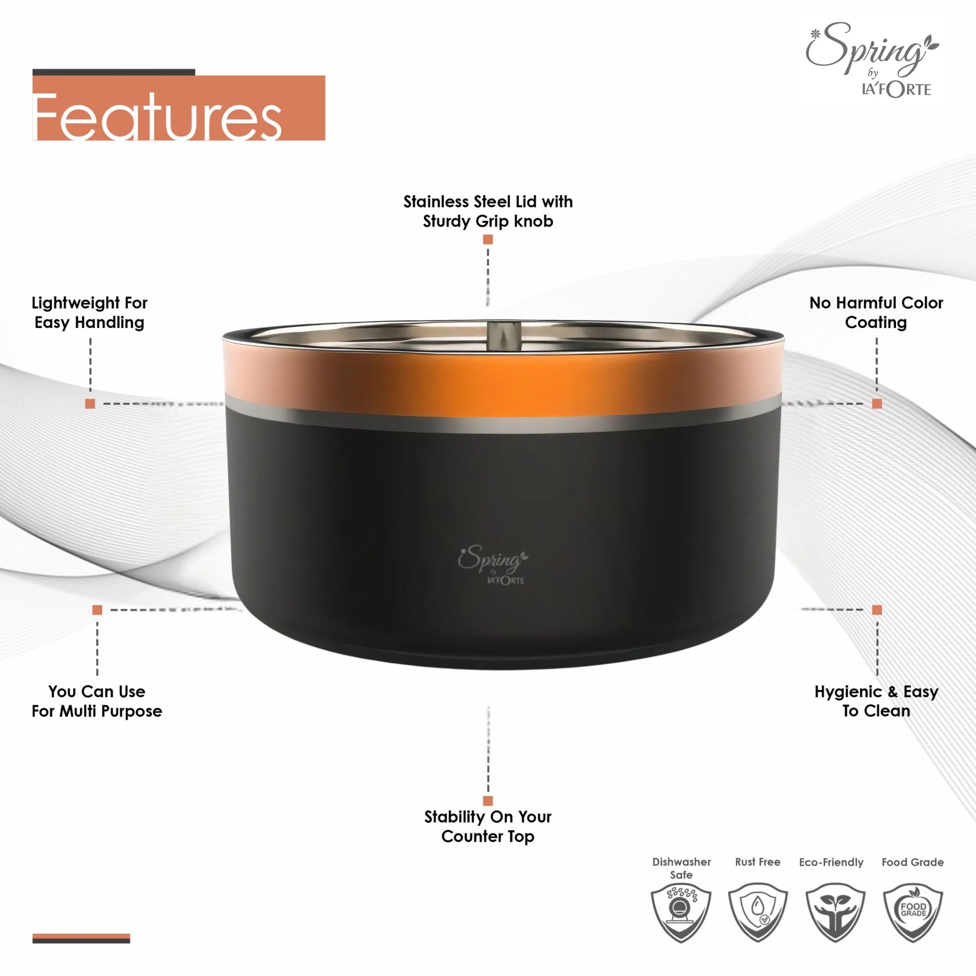 Double Wall Stainless Steel Casserole with Lid | 1200ml Capacity (1700ml Without Lid) | Food-Grade Steel | Multipurpose Serving Bowl | Black & Beige