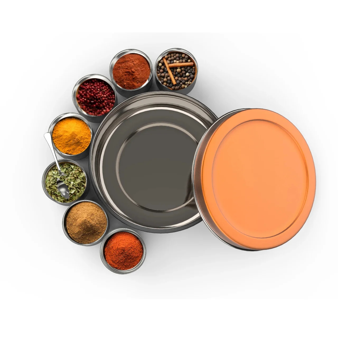 Stainless Steel Spice Box | Masala Dabba with 7 Mini Bowls & Spoon | Multipurpose Storage Container for Masala, Dry Fruits, Cookies & More (Beige-Gold / Black-Red)