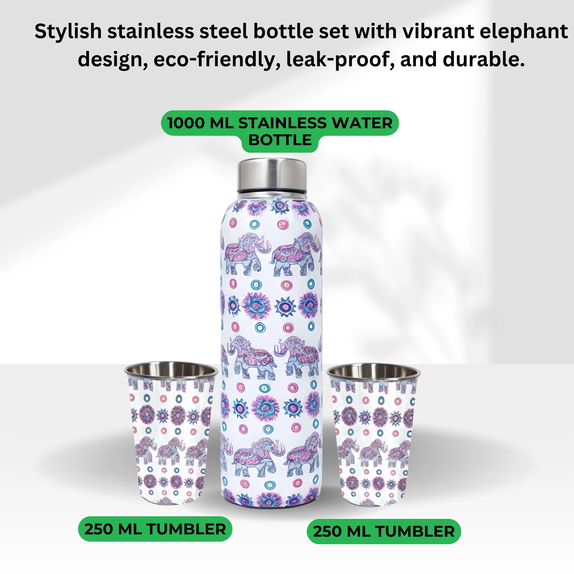 LA' FORTE Premium Stainless Steel Bottle & 02 Tumbler Set ( Water Bottle X 1000 ml ; 02 Glasses X 250 ml each)