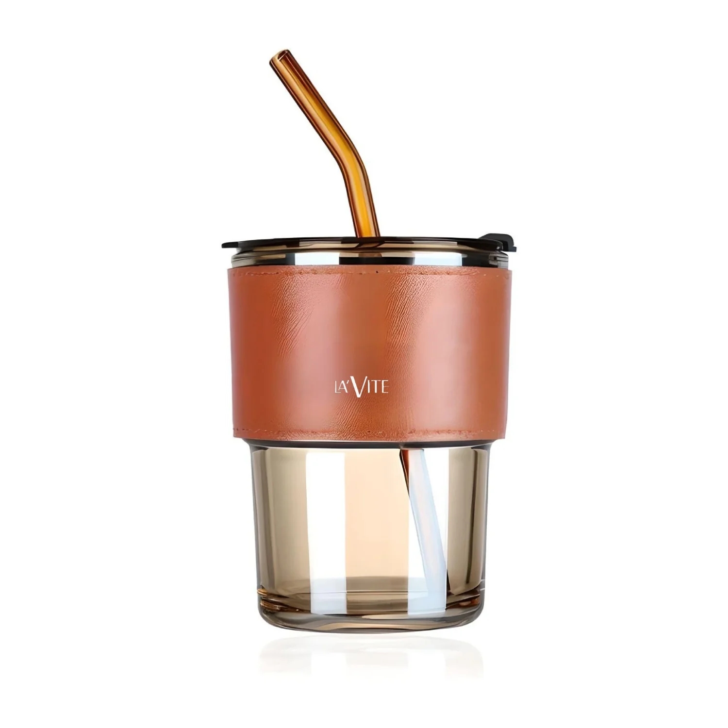 LA' FORTE Borosilicate Glass Tumbler | Leak-Proof Travel Cup | Glass Straw & Leather Jacket | Hot & Cold Beverages | Dual Drinking Mode - Sip & Straw