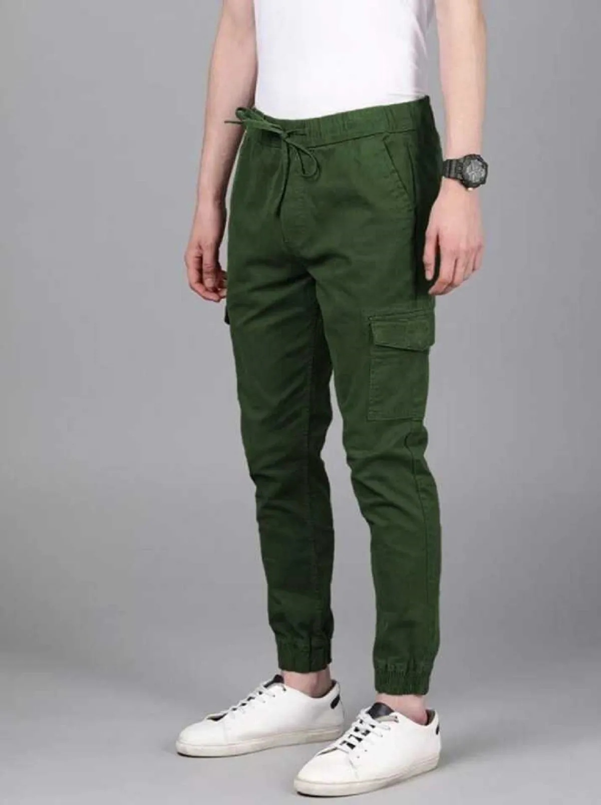 Dark Green Cotton Blend Slim Fit Mens Cargo Joggers