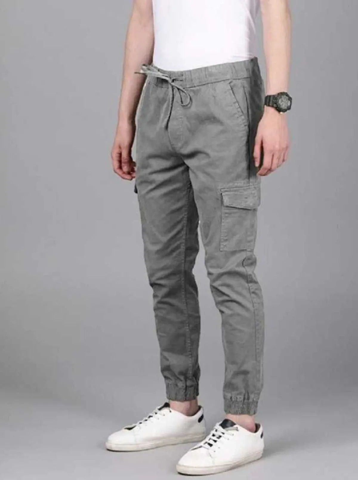 Light Grey Cotton Blend Slim Fit Mens Cargo Joggers