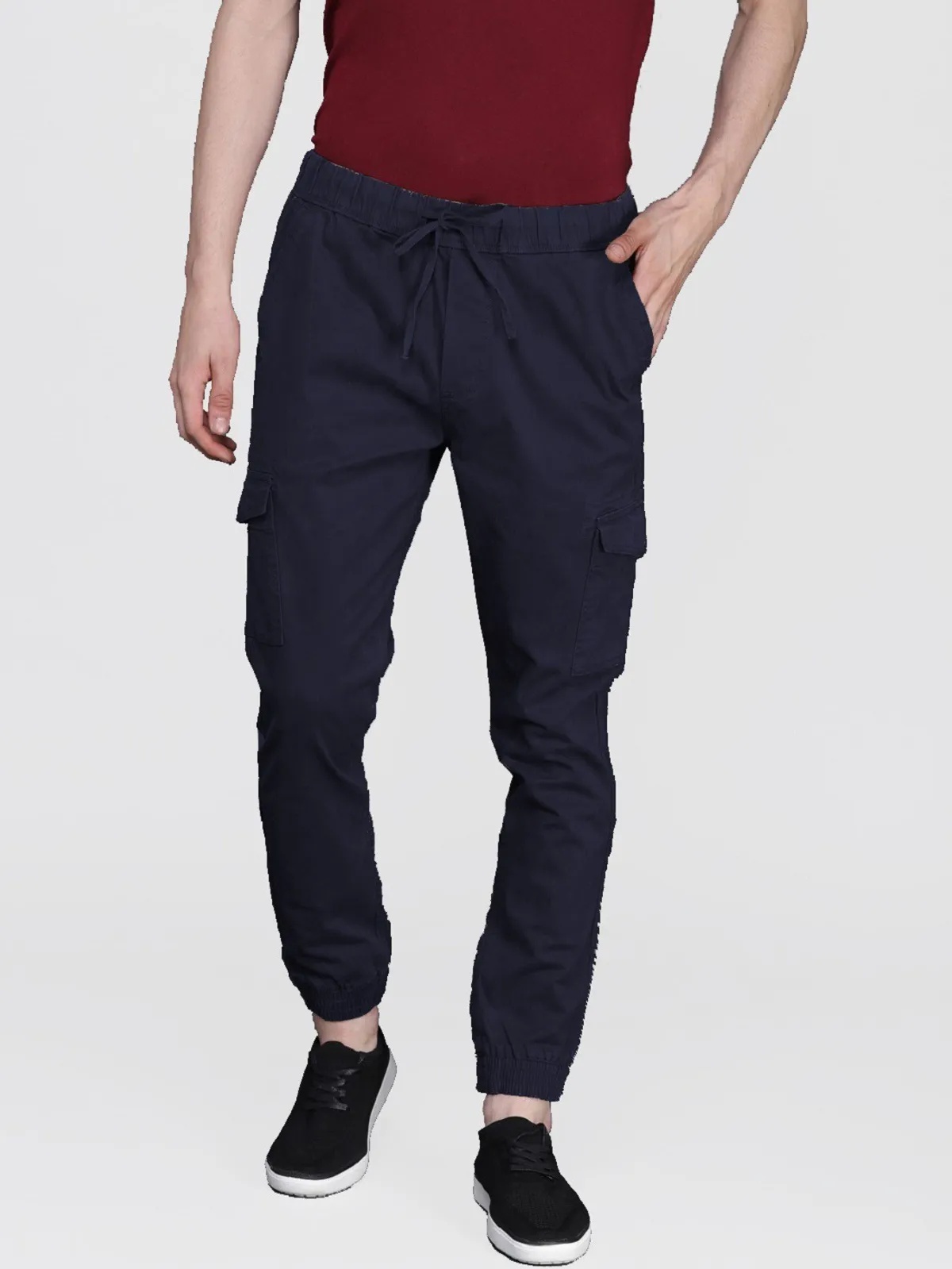 Dark Blue Cotton Blend Slim Fit Mens Cargo Joggers