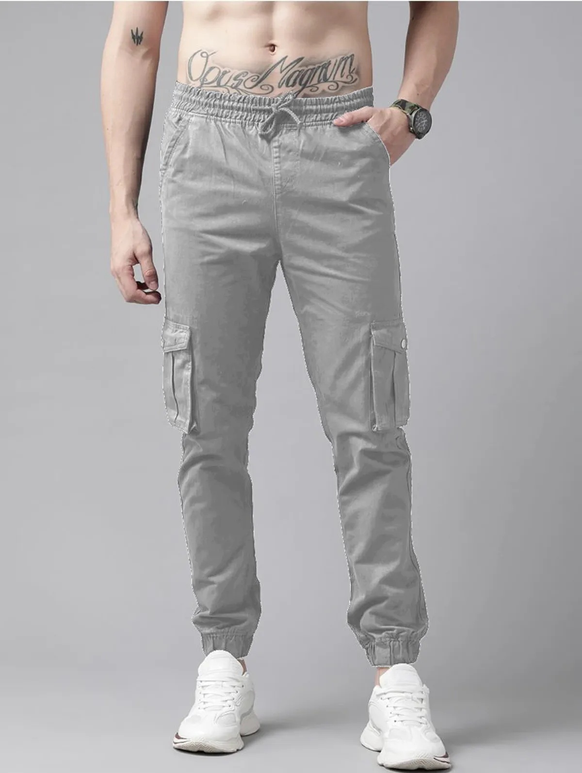 Light Grey Cotton Blend Slim Fit Men’s Cargo Joggers