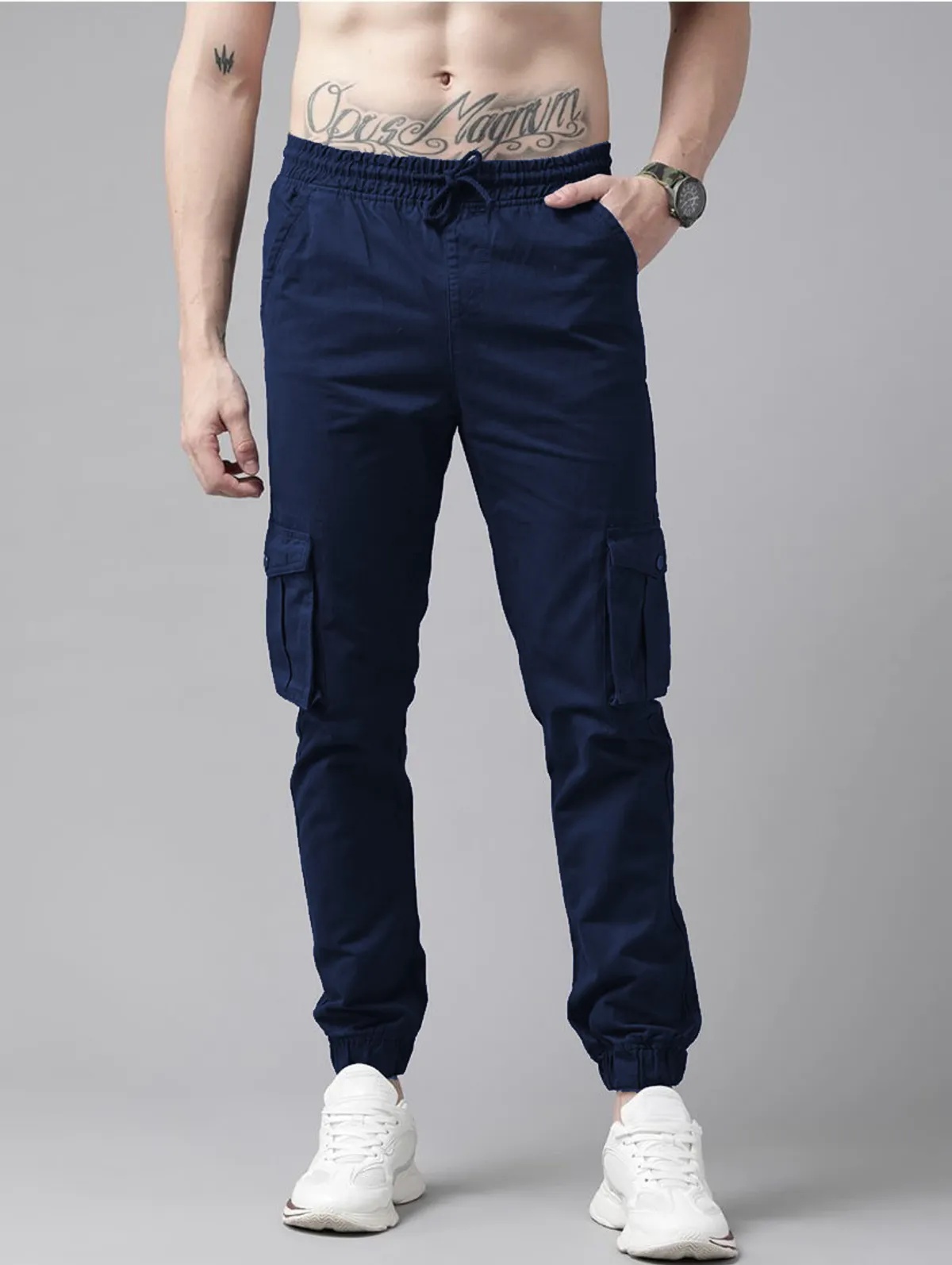 Dark Blue Cotton Blend Slim Fit Men’s Cargo Joggers