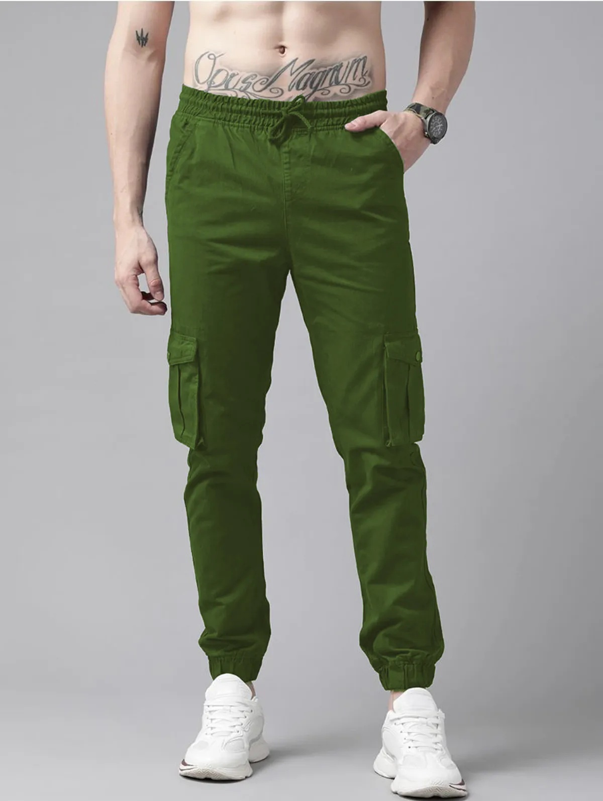 Olive Green Cotton Blend Slim Fit Men’s Cargo Joggers