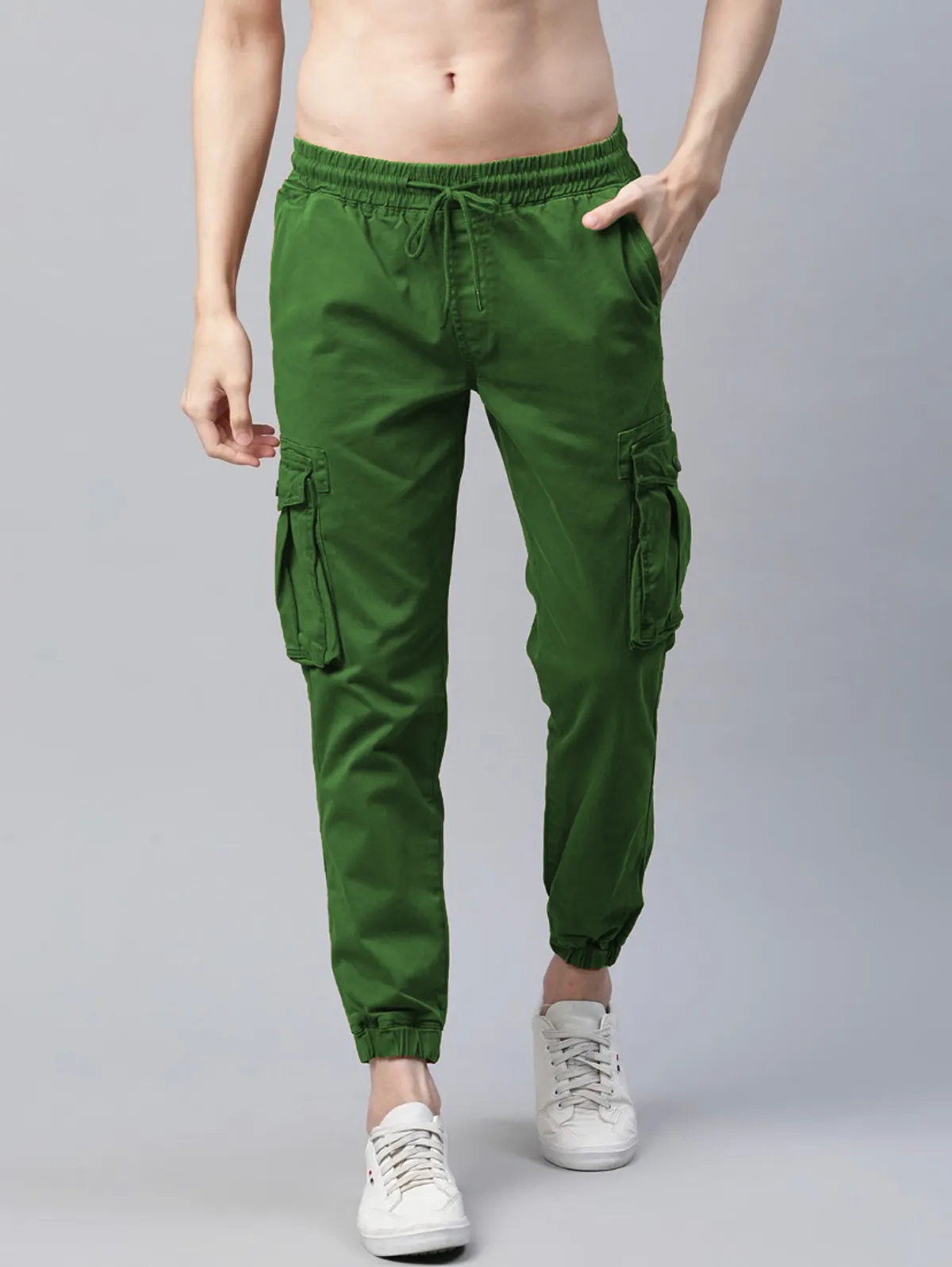 Olive Green Cotton Blend Slim Fit Men’s Cargo Joggers