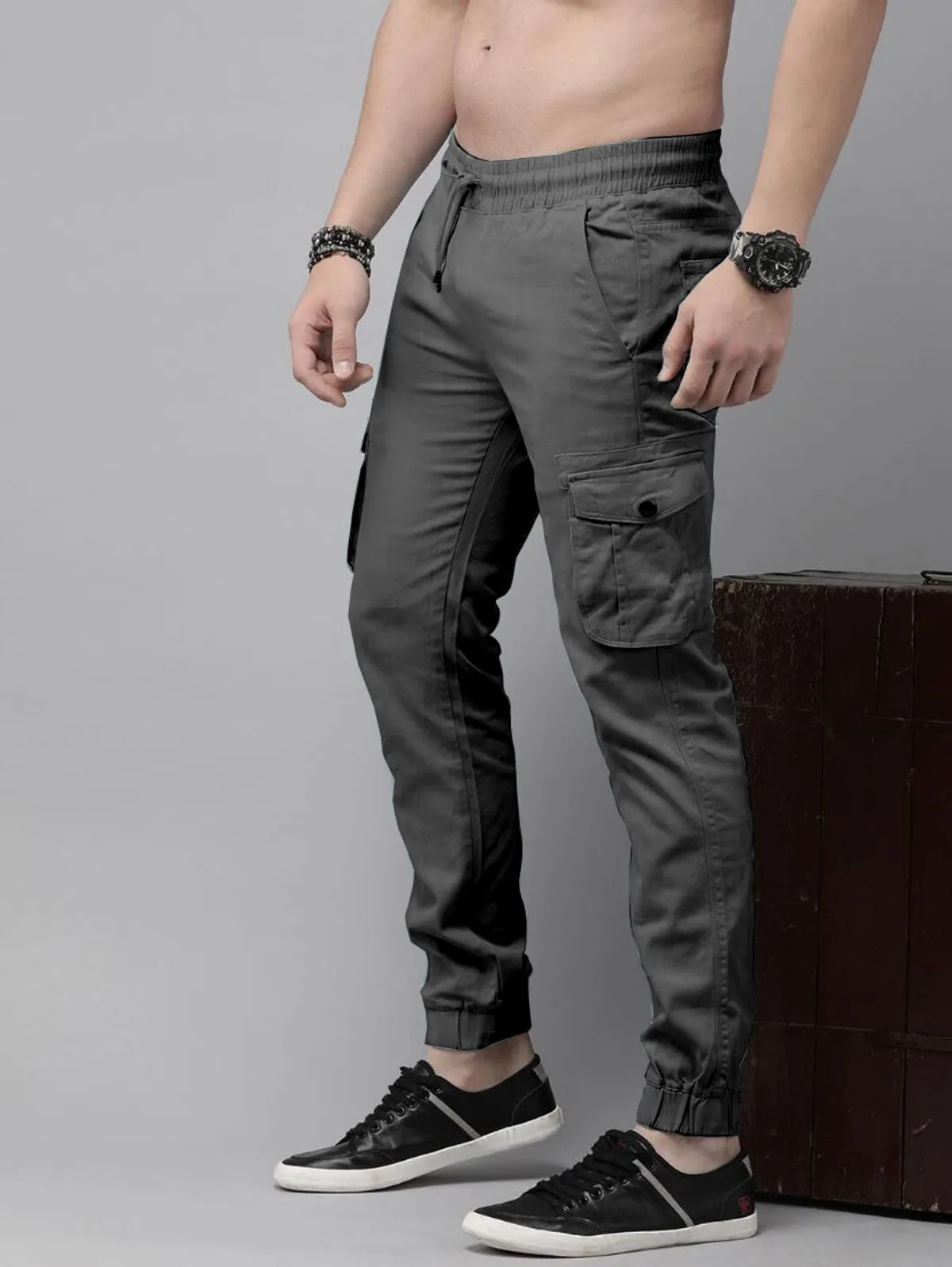 Dark Grey Cotton Blend Slim Fit Men’s Cargo Joggers
