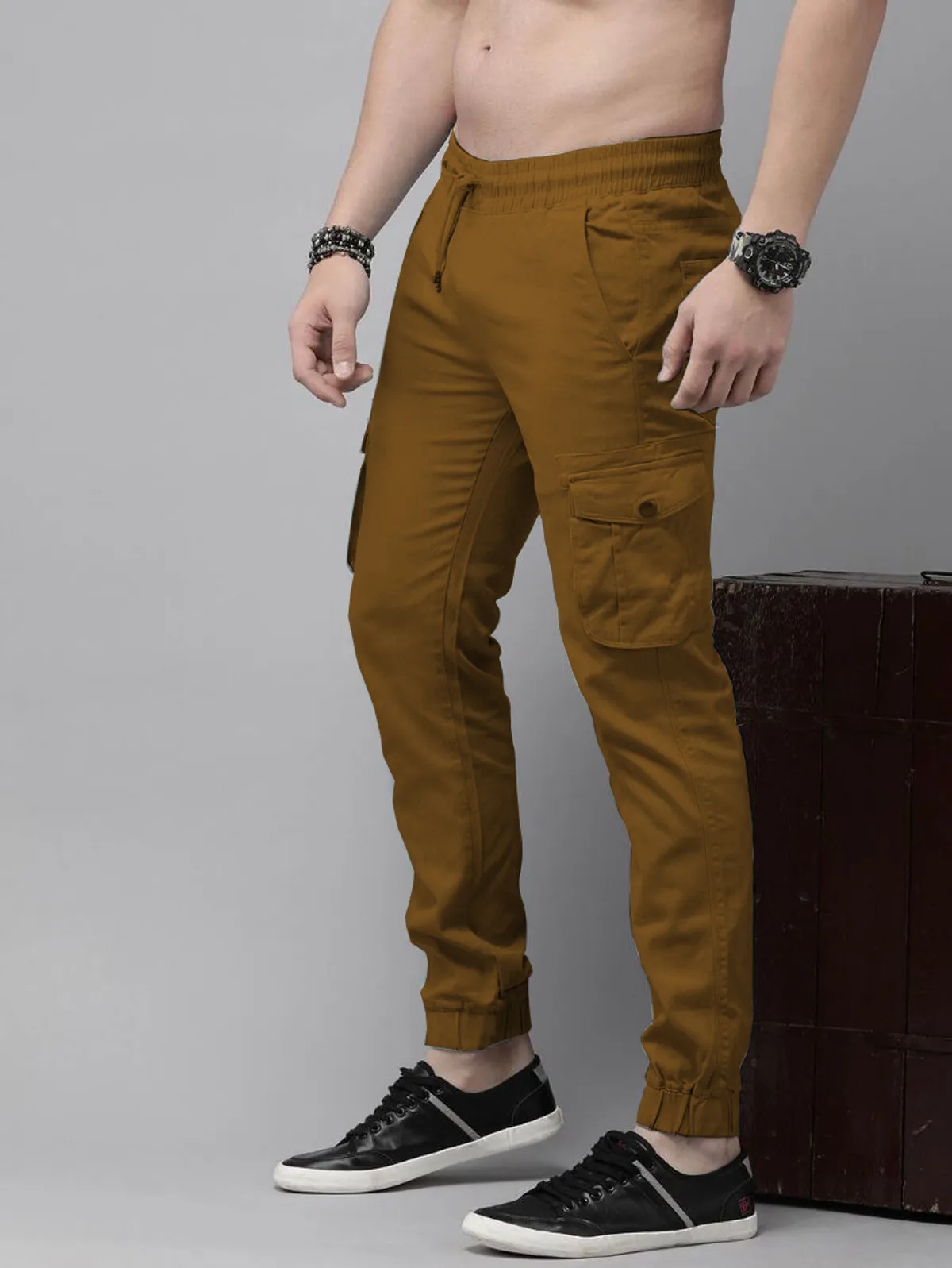 Khaki Cotton Blend Slim Fit Men’s Cargo Joggers
