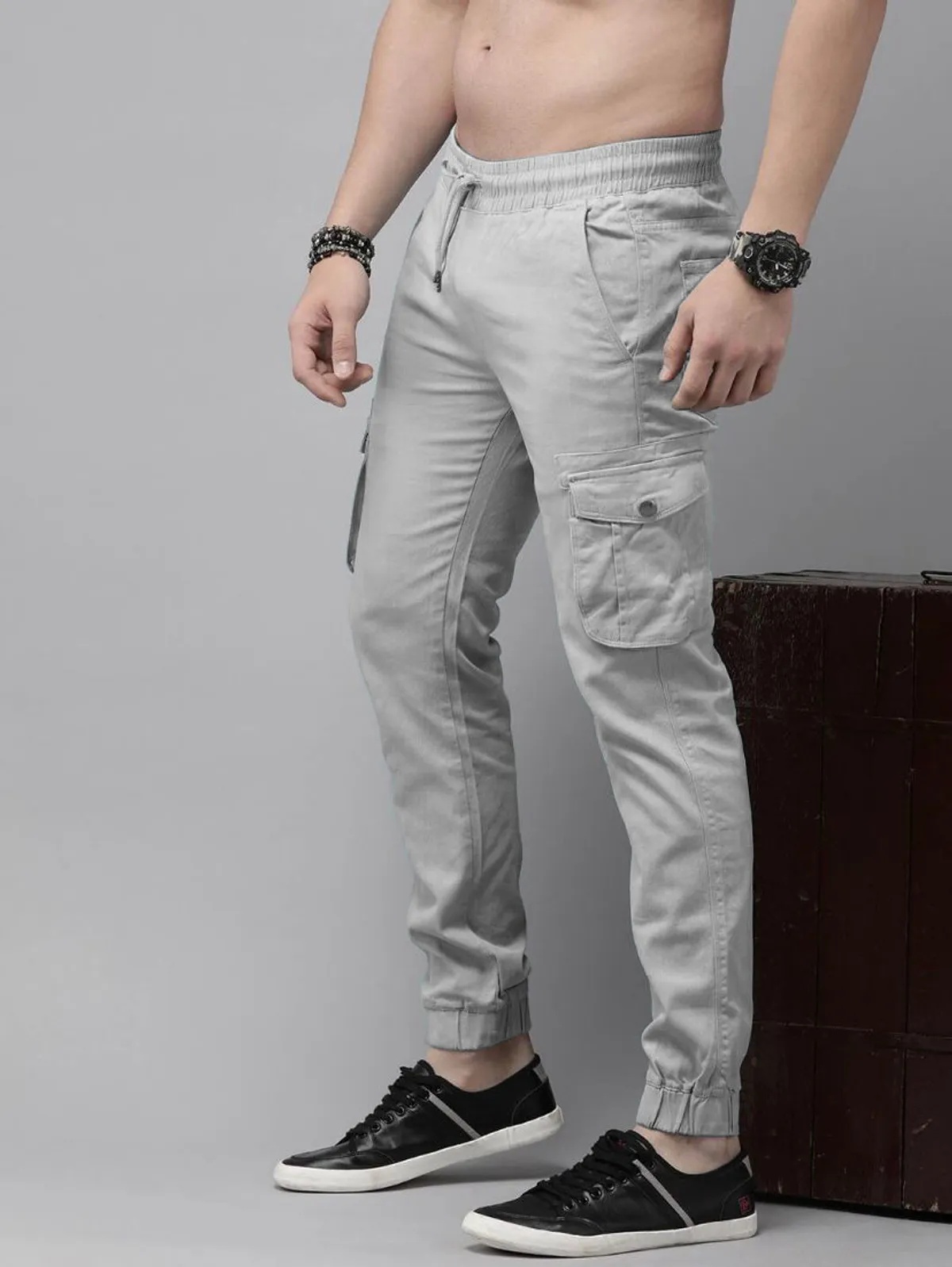 Light Grey Cotton Blend Slim Fit Men’s Cargo Joggers